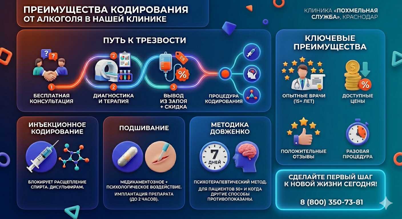 Инфографика о методах кодирования от алкоголя в Николаеве: инъекции, подшивание, метод Довженко. Преимущества клиники и этапы лечения.